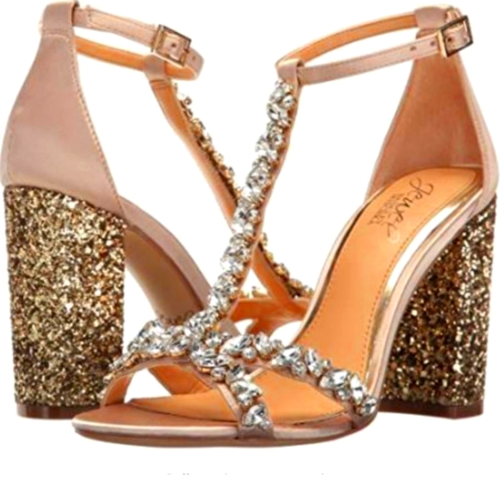 Jewel Badgley Mischka Rose Gold and Gold Glitter T-Strap Block Heel Sandals